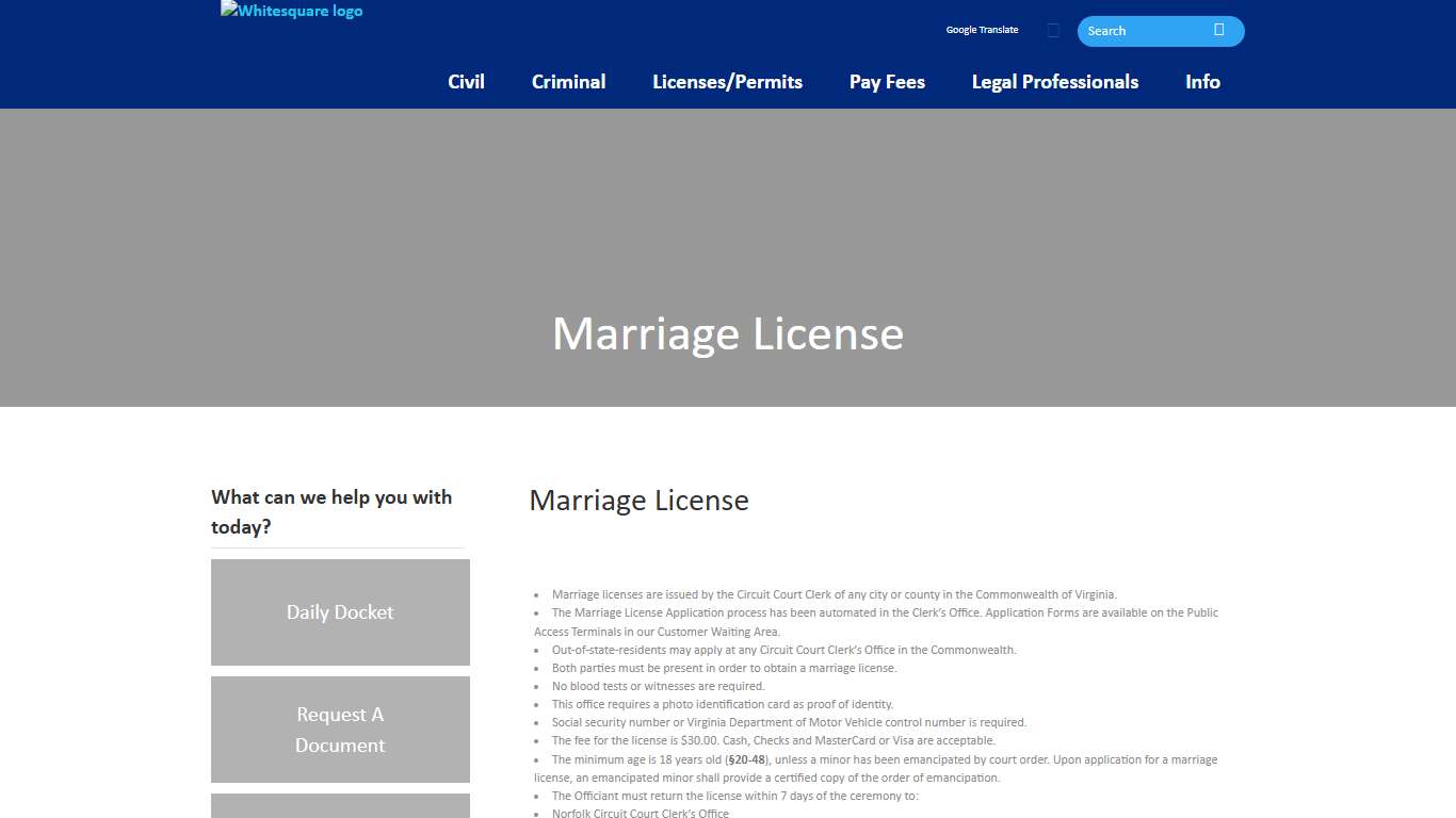 Marriage License - Norfolk Circuit Court Clerk’s Office